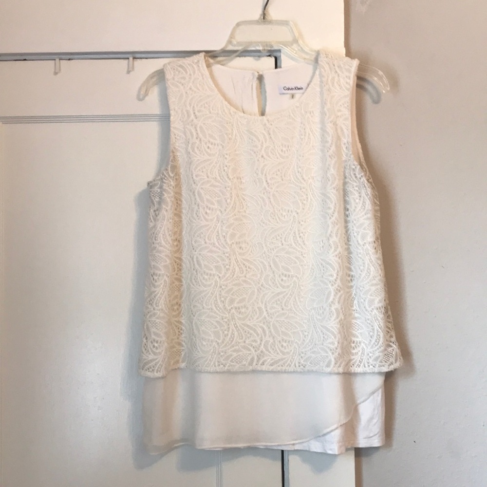 Calvin Klein White Sleeveless Mixed Media Blouse M